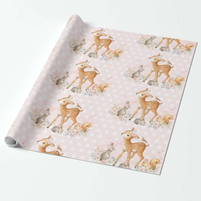 Pink Floral Woodland Baby Shower 1st Birthday Wrapping Paper (Unrolled)