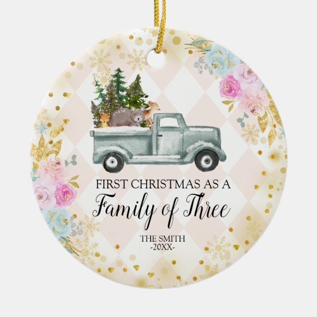 Pink Floral Woodland Christmas Family of three Ceramic Tree Decoration (Front)