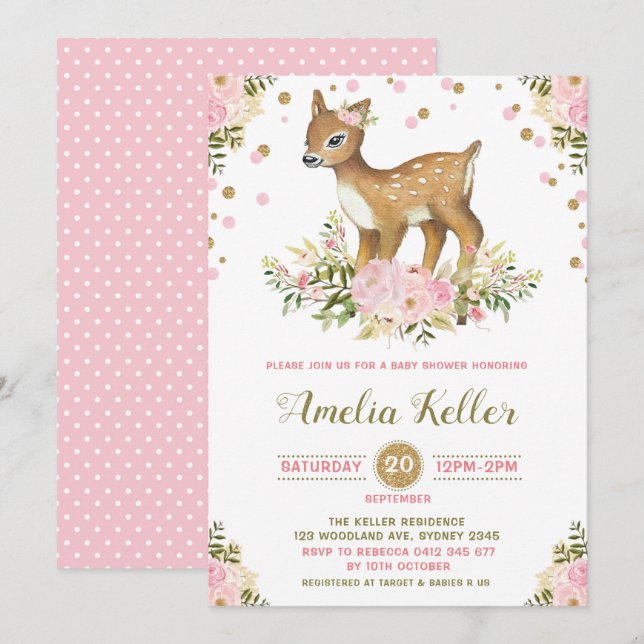 Pink Floral Woodland Deer Baby Shower Invitation (Front/Back)