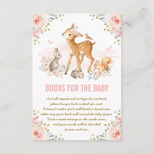 Pink Floral Woodland Deer Bunny Books for Baby Enclosure Card (Front)