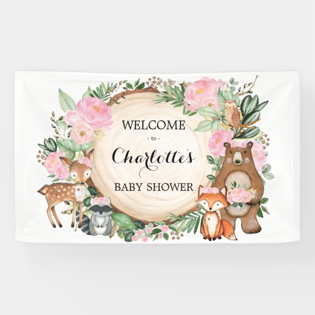 Pink Floral Woodland Forest Animals Baby Shower Banner (Horizontal)