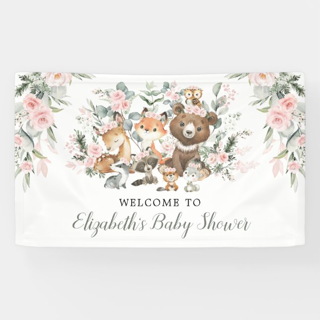 Pink Floral Woodland Forest Animals Baby Welcome Banner (Horizontal)
