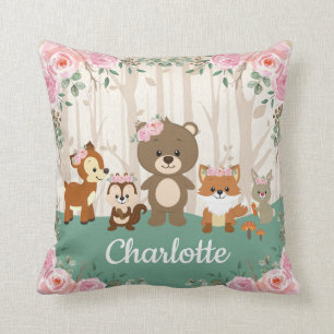 Pink Floral Woodland Forest Animals Nursery Cushion