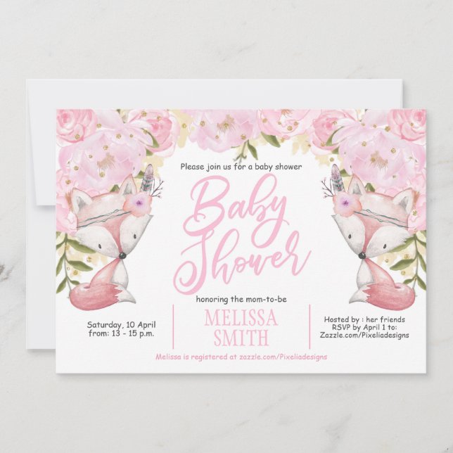 Pink Floral, Woodland, Fox, Baby Girl Shower Invitation (Front)