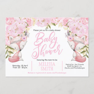 Pink Floral, Woodland, Fox, Baby Girl Shower Invitation
