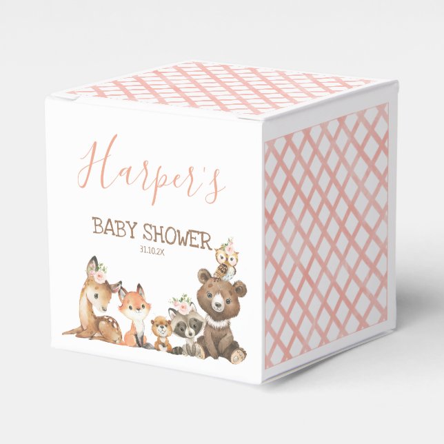 Pink Floral Woodland Themed Baby Shower Favor Box (Front Side)
