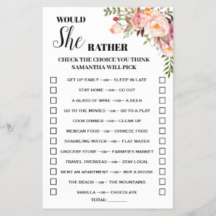 Pink floral Would She Rather Baby Shower Game Card