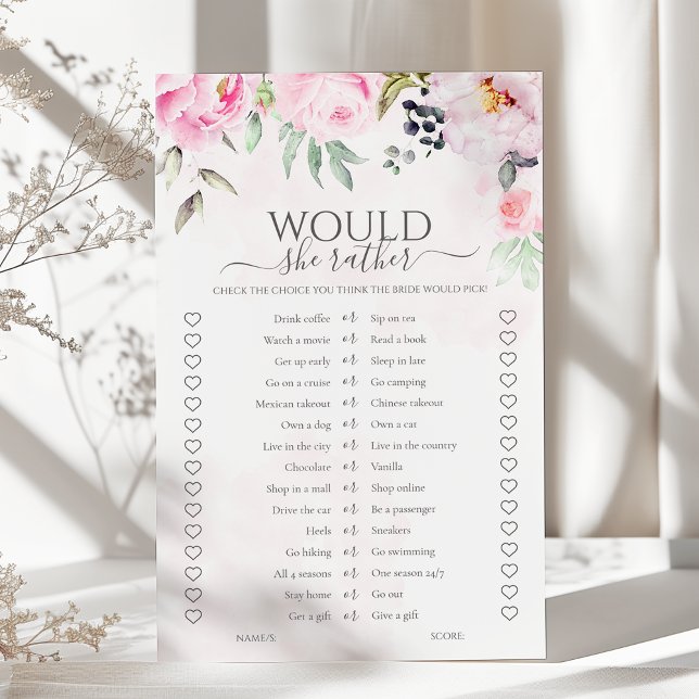 Pink Floral Would She Rather Bridal Shower Game (Creator Uploaded)