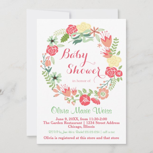 Pink Floral Wreath - Baby Shower Invitation (Front)