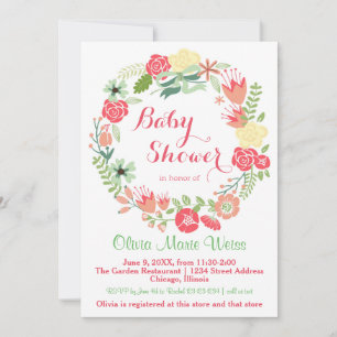 Pink Floral Wreath - Baby Shower Invitation