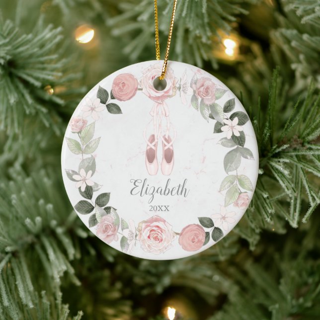 Pink Floral Wreath Ballet Slippers Personalised Ceramic Tree Decoration (Tree)