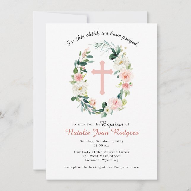 Pink Floral Wreath Baptism Invitation (Front)