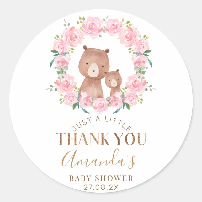 Pink Floral Wreath Bears Baby Shower Favor Sticker (Front)
