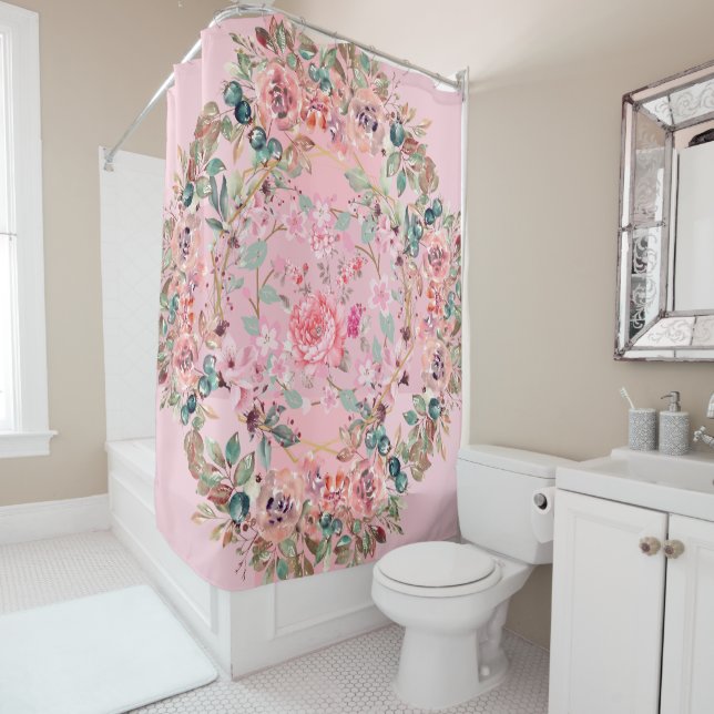 Pink Floral Wreath, Beautiful Artwork Shower Curtain (In Situ)