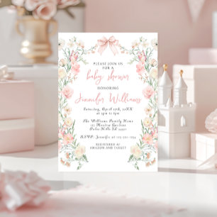 Pink Floral Wreath Bow Butterfly Baby Girl Shower Invitation