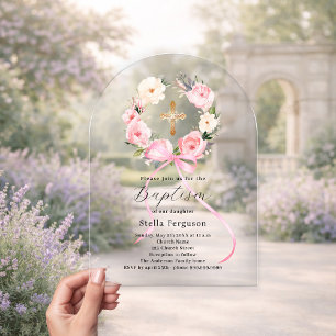 Pink floral wreath bow cross girl baptism arch acrylic invitations