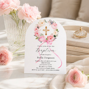 Pink floral wreath bow cross girl baptism arch invitation