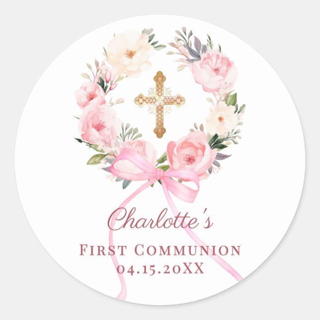 Pink floral wreath bow First Communion Classic Round Sticker (Front)