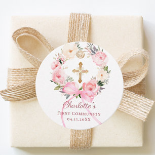Pink floral wreath bow First Communion DIY Favour Tags
