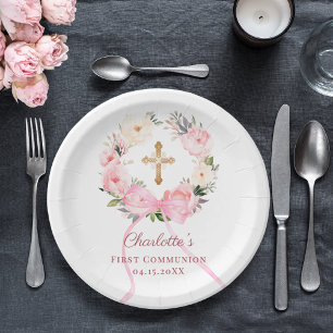 Pink floral wreath bow First Communion Paper Plate