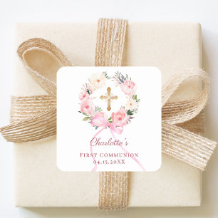 Pink floral wreath bow First Communion Square Sticker