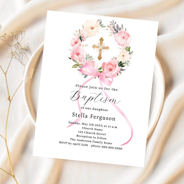 Pink floral wreath bow girl baptism invitation (Creator Uploaded)