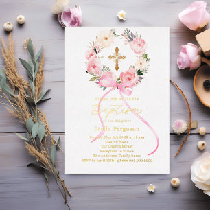 Pink floral wreath bow gold cross girl baptism