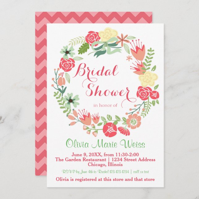 Pink Floral Wreath - Bridal Shower Invite (Front/Back)