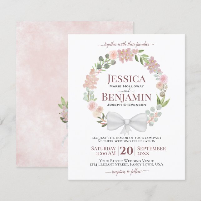 Pink Floral Wreath BUDGET Boho Wedding Invitation (Front/Back)