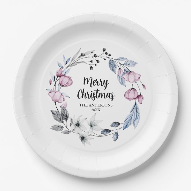 Pink Floral Wreath Christmas Paper Plate (Front)