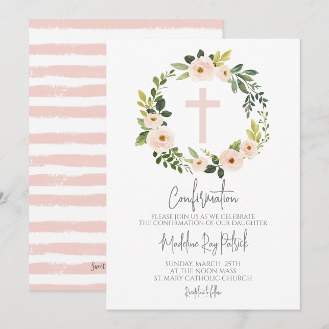 Pink Floral Wreath Confirmation  Invitation (Front/Back)
