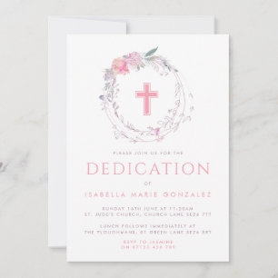 Pink Floral Wreath & Cross Baby Dedication Invitation