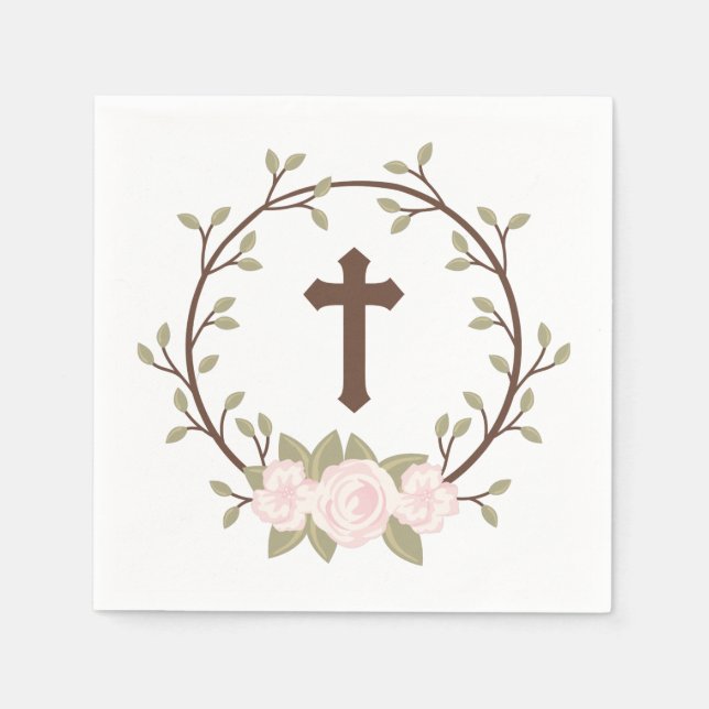 Pink Floral Wreath Cross Baptism Christening Napkin (Front)