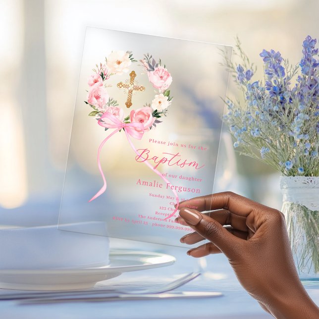 Pink floral wreath cross bow girl baptism clear acrylic invitations (Creator Uploaded)