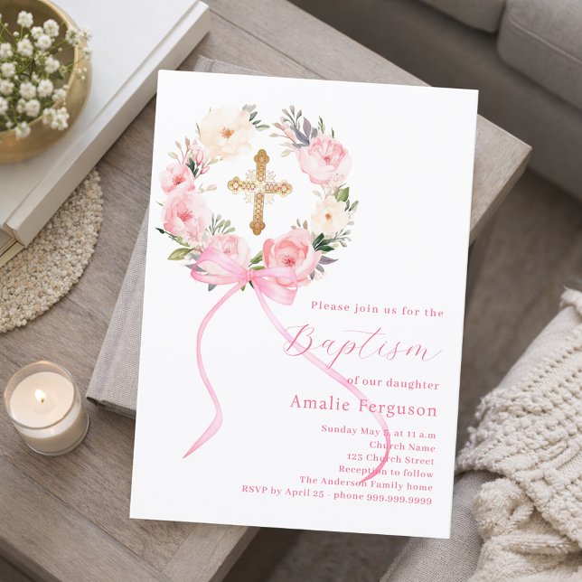 Pink floral wreath cross bow girl baptism invitation (Creator Uploaded)