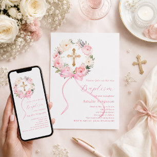 Pink floral wreath cross bow girl baptism invitation