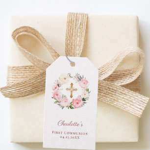 Pink floral wreath cross First Communion DIY Gift Tags