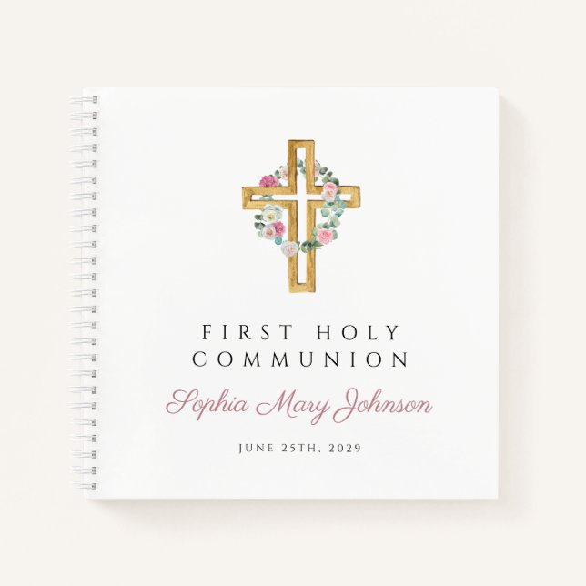 Pink Floral Wreath Cross First Communion Guestbook Notebook (Front)