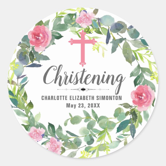 Pink Floral Wreath Cross Personalised Christening Classic Round Sticker (Front)