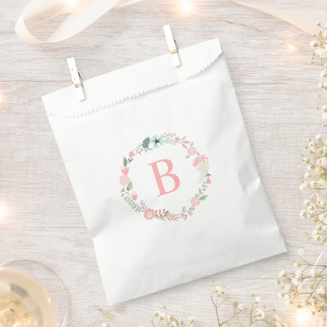 Pink Floral Wreath Custom Monogram Favour Bags (Clipped)
