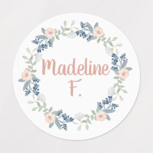 Pink Floral Wreath Custom Name Initial School