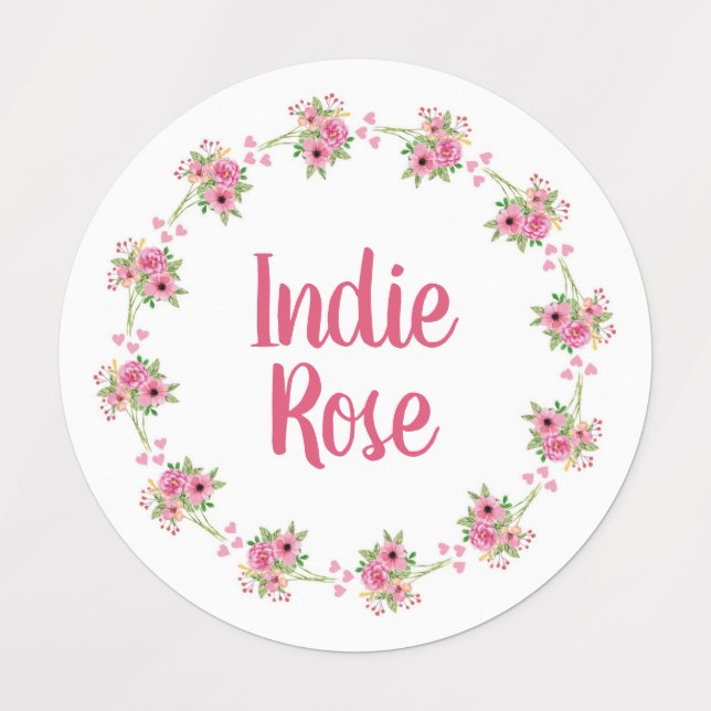 Pink Floral Wreath Custom Name School Labels (Design 1)