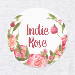 Pink Floral Wreath Custom Name School Labels