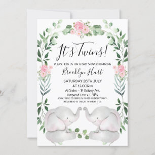 Pink Floral Wreath Elephants Twin Baby Shower Invitation