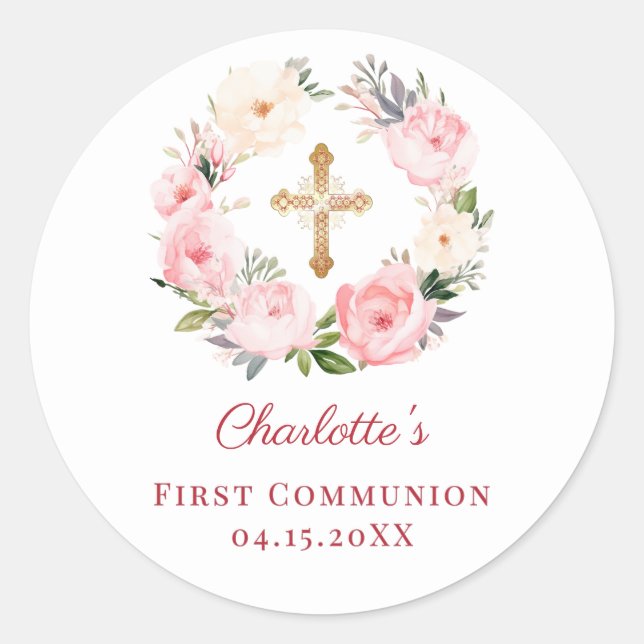 Pink floral wreath First Communion Classic Round Sticker (Front)