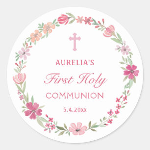 Pink Floral Wreath First Communion Classic Round Sticker
