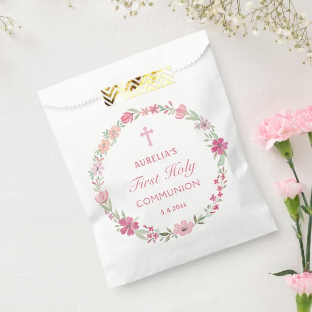 Pink Floral Wreath First Communion Favour Bags (Sealed)