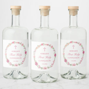 Pink Floral Wreath First Communion Liquor Bottle Label