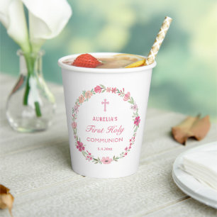 Pink Floral Wreath First Communion Paper Cups