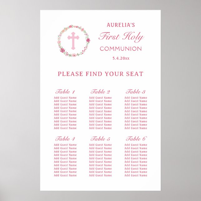 Pink Floral Wreath First Communion Seating Chart (Front)